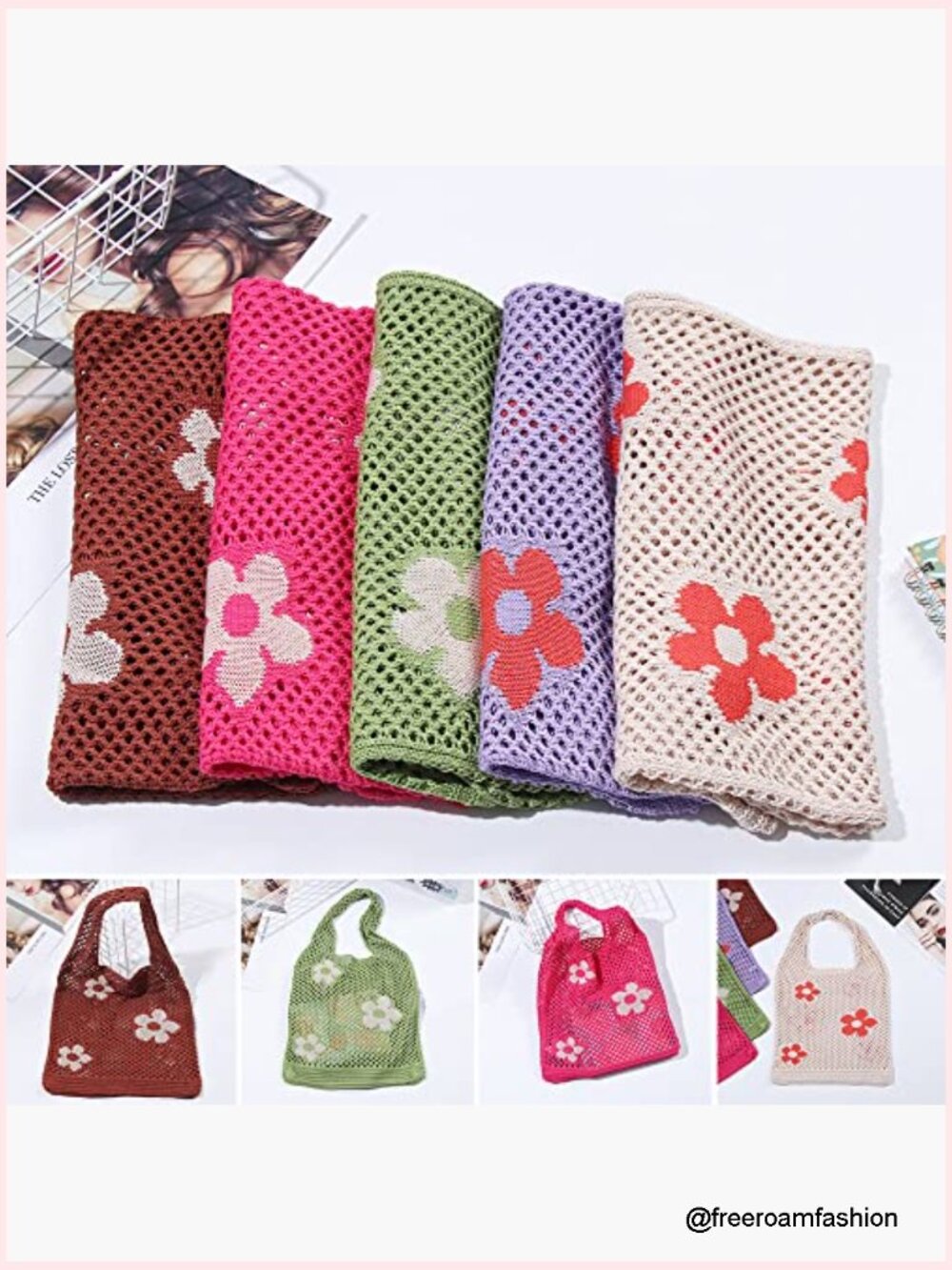 Crochet Tote Bag Mesh Beach Bag Fairycore Hobo Grunge Y2k Shoulder Bag - Picture 4 of 7